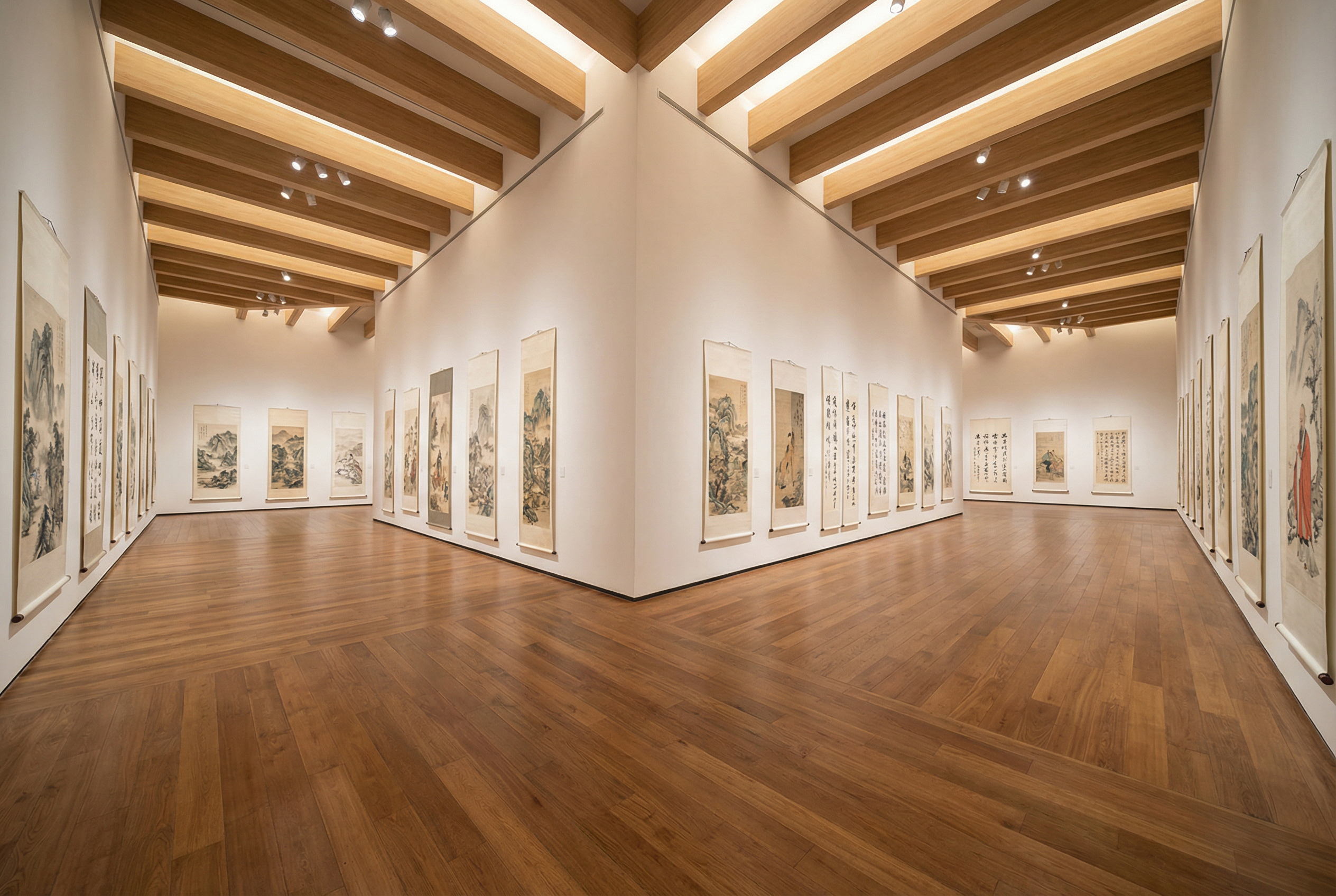 Grand museum gallery interior with Chinese scroll paintings and calligraphy displayed on pristine white walls with wooden beam ceiling