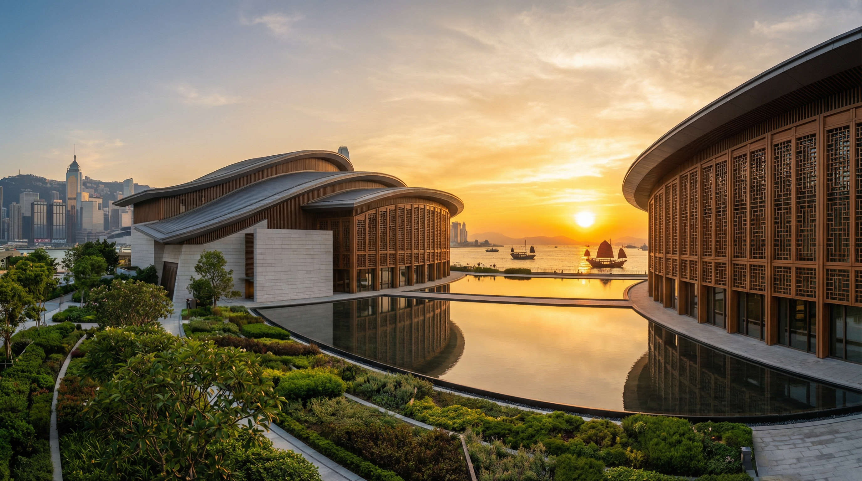Stunning view of a contemporary Chinese-inspired museum building at sunset with reflecting pools and harbour views in West Kowloon, Hong Kong