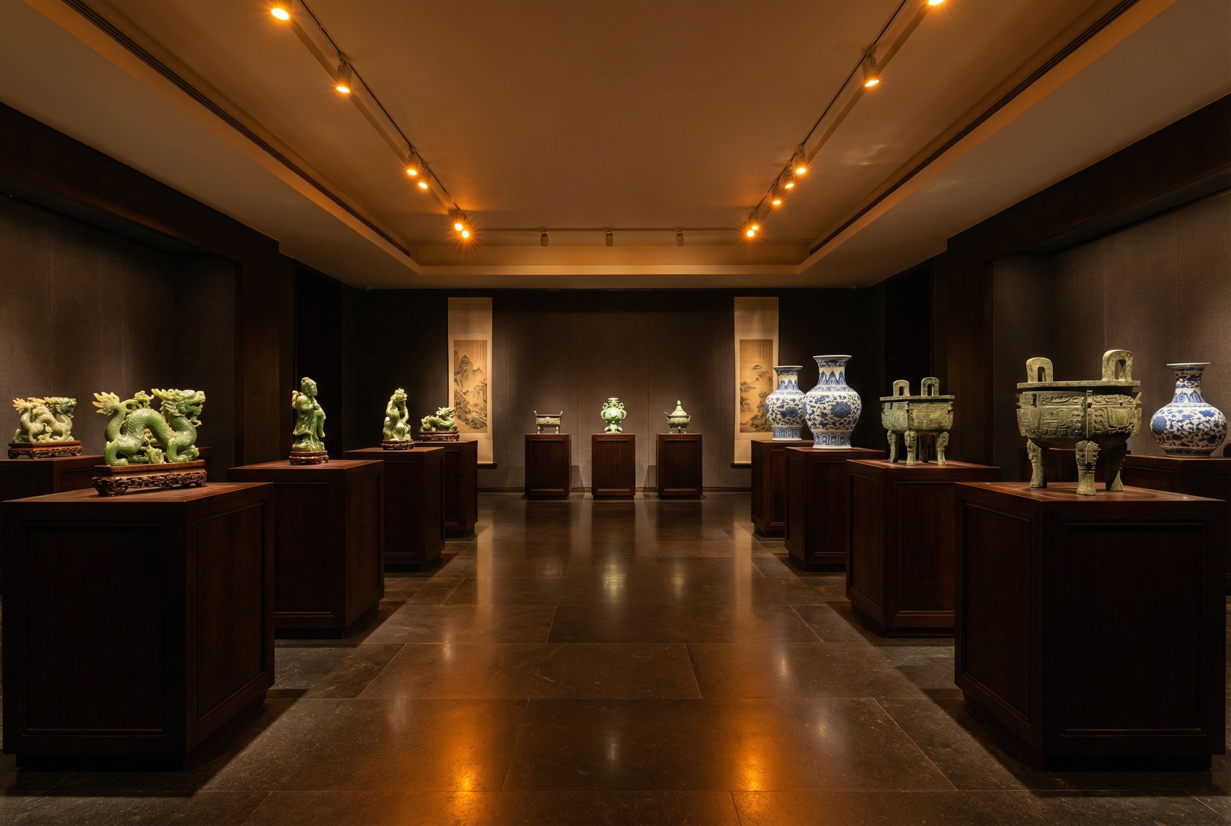 Ancient Chinese imperial jade carvings and bronze vessels displayed in a softly lit museum gallery
