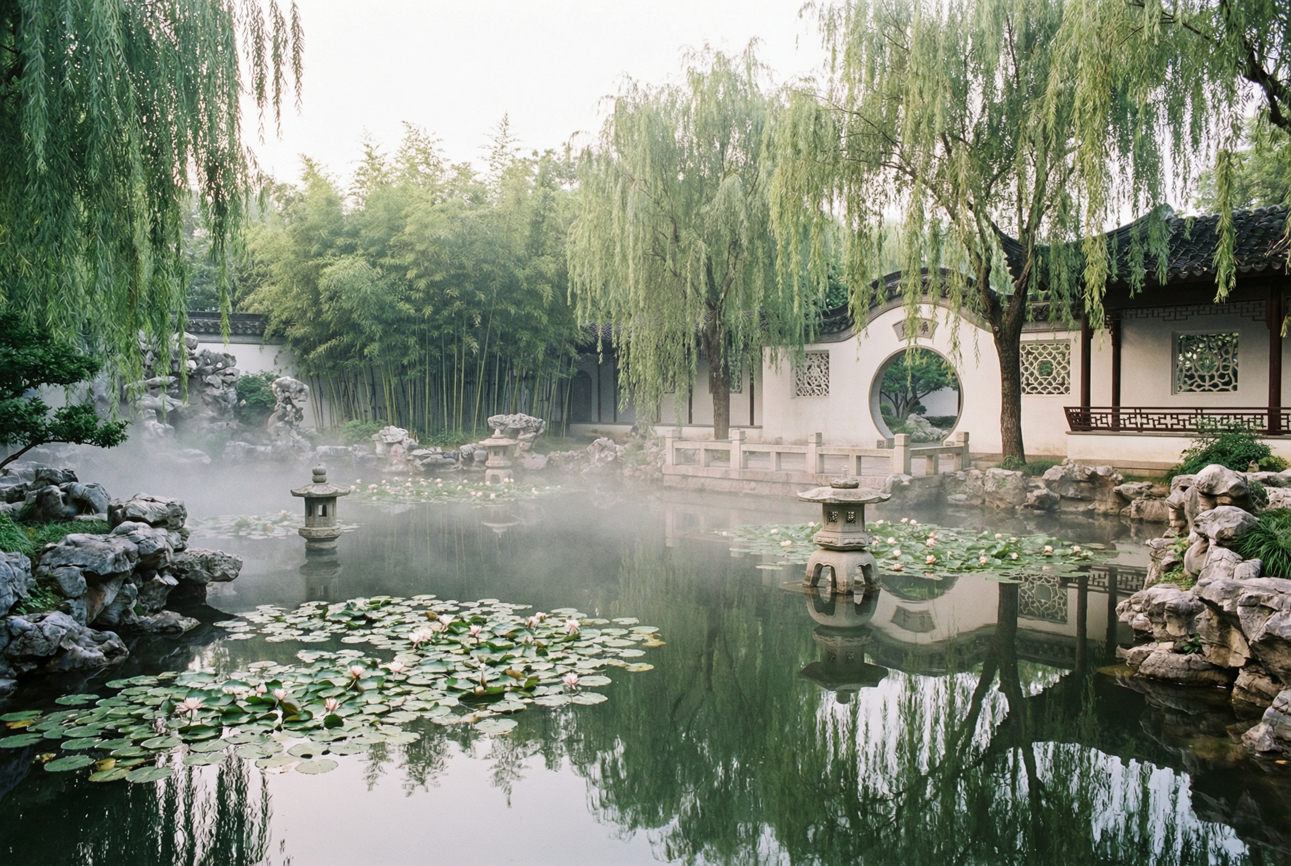 Serene traditional Chinese garden courtyard with tranquil koi pond, stone lanterns, and weeping willow trees in morning mist